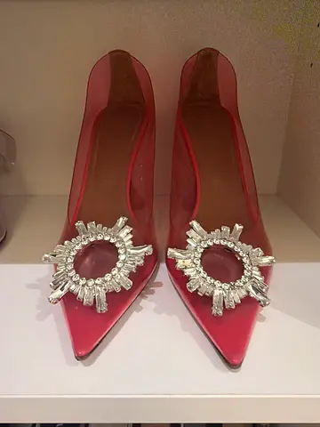 Amina muaddi Pink Transparent Pumps with Crystal Brooch