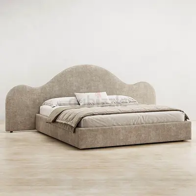 Upholstered Double Bed with Curved Headboard - Beige, Good Condition