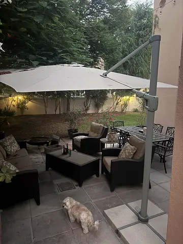 Large Cantilever Patio Umbrella with Base - Good Condition