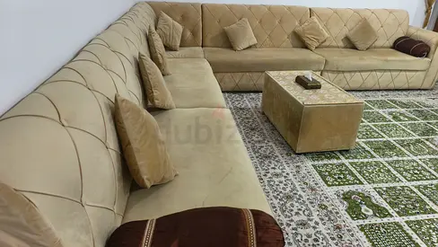 Large L-shaped Beige Velvet Sofa Majlis Set with Cushions