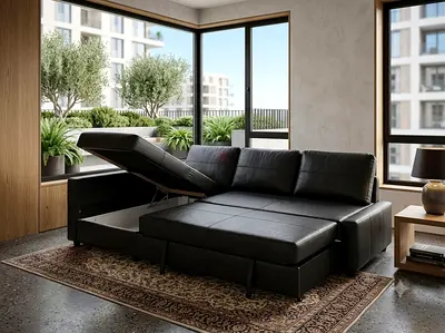 Elegant L-Shape Sofa Bed with hidden storage compartment. Available in both leather and fabric upho