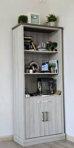 Tall wooden bookcase with lower cabinet - light grey finish