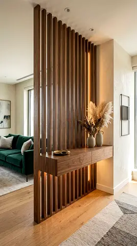 Modern Wooden Slat Room Divider with Integrated Console