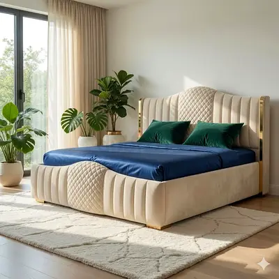 Modern Beige Upholstered Queen Bed with Quilted Headboard