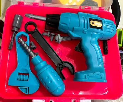 Kids toy tool set with plastic drill, wrench and accessories - gently used