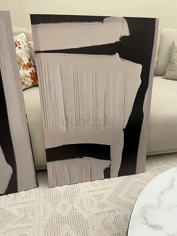 Set of 2 Abstract Black & Beige Canvas Art Panels - Good Condition