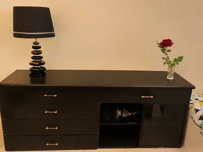 Black low cabinet/TV unit with drawers and glass door. URGENT SALE