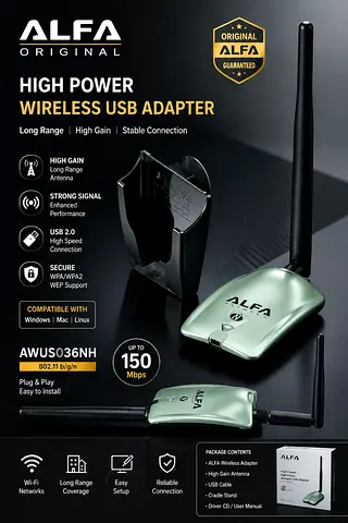 ALFA AWUS036NH High Power Wireless USB Adapter (150 Mbps) - USB 2.0, Detachable Antenna