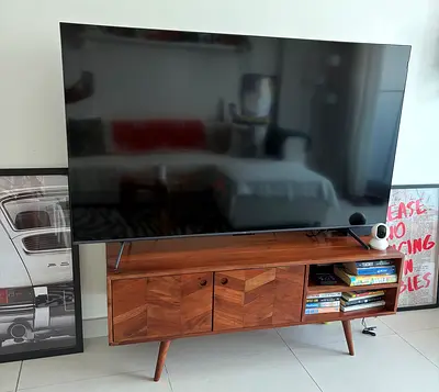 Mid-century Wooden TV Console / Sideboard - Solid Wood, 2 Doors + Open Shelves