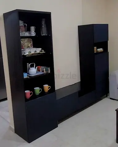 IKEA Modern Dark Blue and Brown Entertainment Center with Display Cabinet