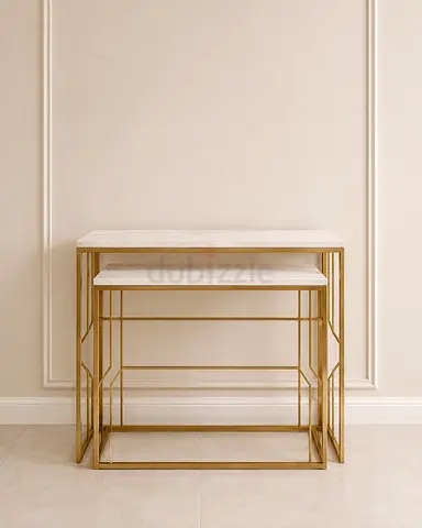Modern Gold Metal Nesting Tables with Marble Top