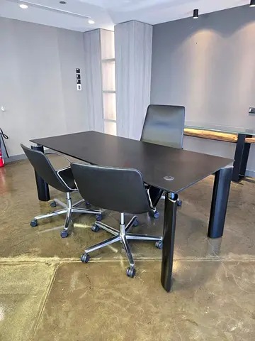 Branded Modern Black Office Desk with 3 Rolling Chairs - Good Condition