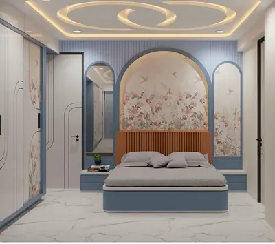 Modern blue and beige king bedroom set with built-in wardrobes and headboard