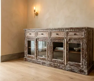 Rustic Distressed Wood Sideboard with Glass Doors