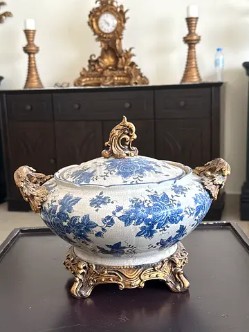 Vintage Blue & White Decorative Porcelain Tureen with Ornate Brass Stand