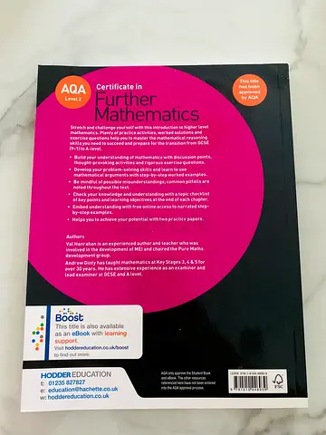 AQA Certificate in Further Mathematics (Level 2) Course book - Hodder Education (Back cover shown)