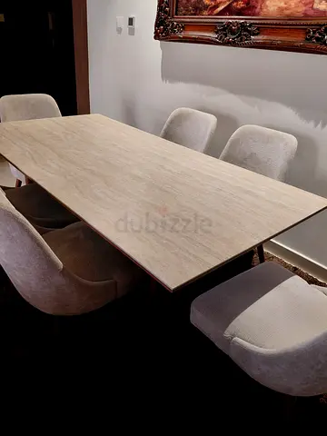 Light wood dining table with 6 upholstered chairs, coffee table, and TV unit COL WALNUT
