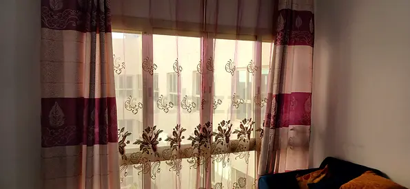 Sheer embroidered floral curtains - set of panels, light pink/beige with rods