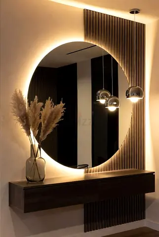 Modern Round Backlit Mirror with Decorative Slat Wall Panel