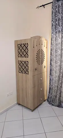 Wooden Pooja Cabinet with Carved Panels and 3 layer storage cabinet.