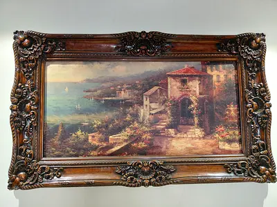Framed Vintage Mediterranean Seaside Painting with Ornate Wooden Frame