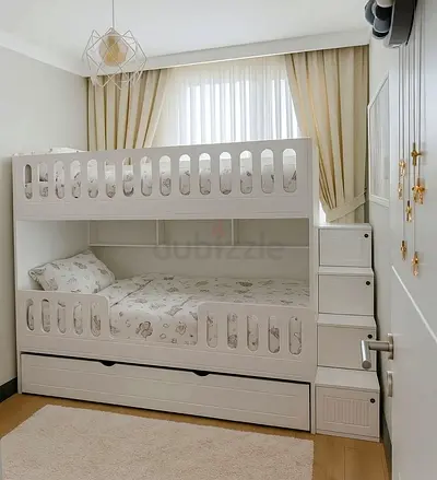 White Bunk Bed with Storage Stairs and Pull-out Trundle