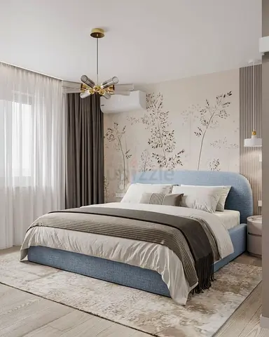 Modern upholstered double bed with headboard - light blue