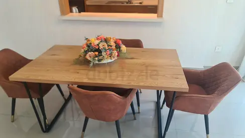 Solid Wood Dining Table with 4 Brown Suede Chairs - Modern Set