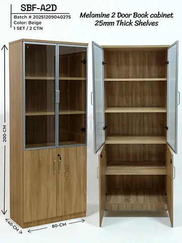 Melamine 2-Door Book Cabinet with Glass Top and Lockable Bottom - Beige Oak, 200cm