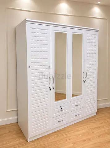 White Four Door Wardrobe with Mirrored Panels and Drawers