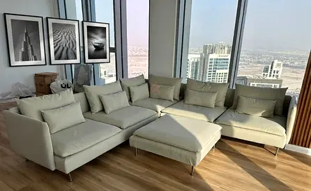 Modern sectional sofa with deep seating and premium fabric. Available in Left-Hand & Right-Hand conf