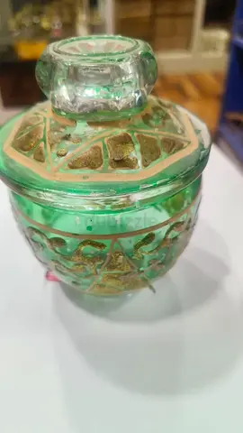 Green Decorative Glass Jar with Gold Accents -11x13cm