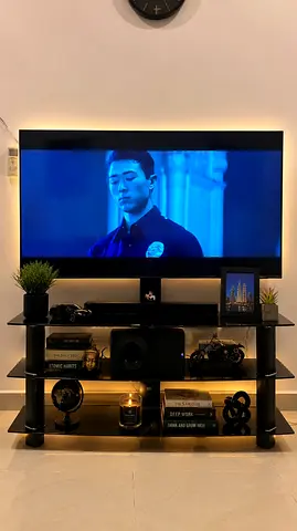 Glass TV stand with adjustable mount — black, good condition