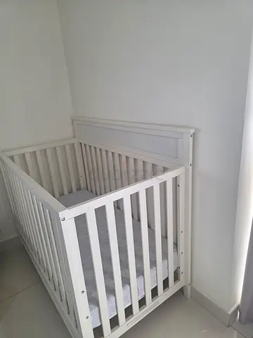 White Wooden Baby Crib - Convertible, Solid Condition and mattress