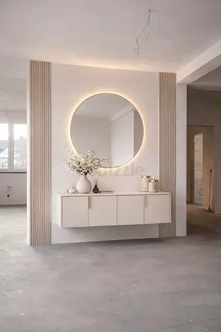 Floating Console Cabinet with Modern Round Backlit Mirror