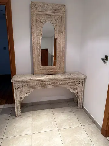 Hand-carved Antique White Console Table with Matching Mirror. Quick sale.