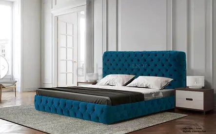 Tufted Blue Velvet King Bed Frame with Headboard - Excellent Condition