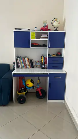 White and Blue Kids Study Desk with Storage Cabinets
