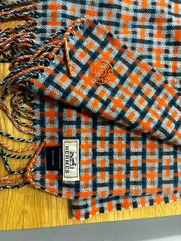 Hermès orange & grey checked wool scarf - authentic logo, gently used, 24' limited edition with bag.