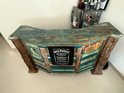 Reclaimed Teak Wood Home Bar / Console Table - Rustic Teal Finish