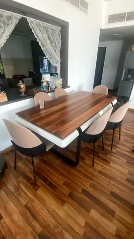 Wooden Dining Table with 6 Beige Chairs - Good Condition
