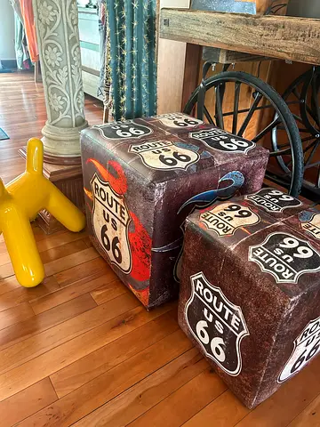 Set of 2 Route 66 Vintage Poufs - Large and Small, Good Condition