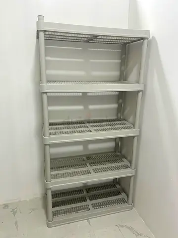 5-Tier Plastic Storage Shelves — Light Grey, Good Condition