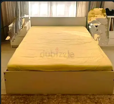 White wooden double bed frame with mattress - good condition