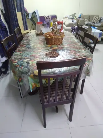 Solid Wood 6-Seater Dining Table with Chairs - Good Condition
