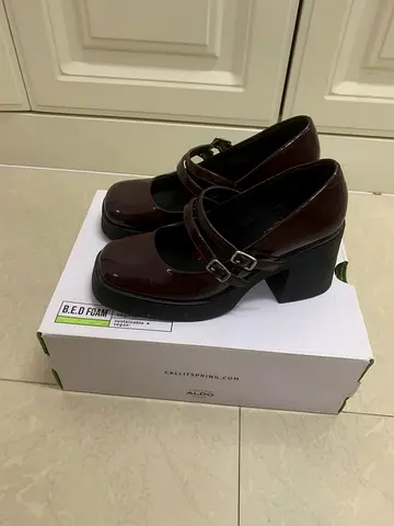 Brown patent Mary Jane block heel shoes