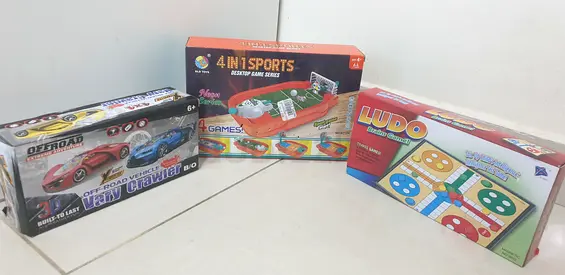 Mixed kids board & toy car games bundle - Ludo, 4-in-1 sports, offroad RC car
