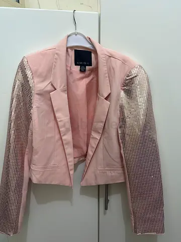 Light Pink Women's Blazer with Sequin Sleeves - Size M