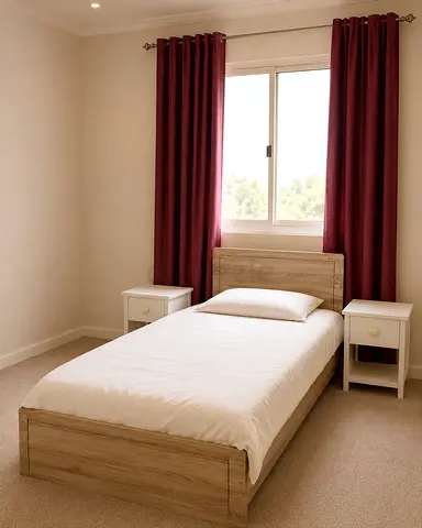 Single Wood Grain Bed Frame with Two White Nightstands