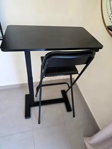 Compact Black Standing/High Desk adjustable  with Foldable Chair - Like New